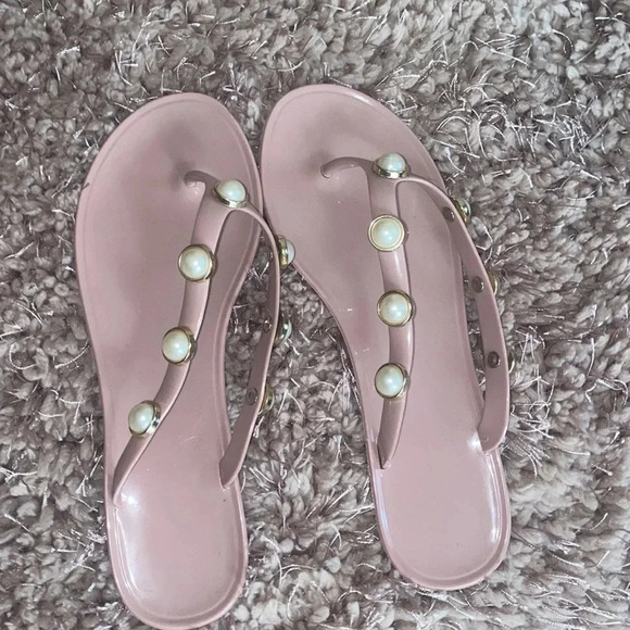 Luxe fashion nude pink pearl studded thong jelly slippers Sz  L - Picture 4 of 10